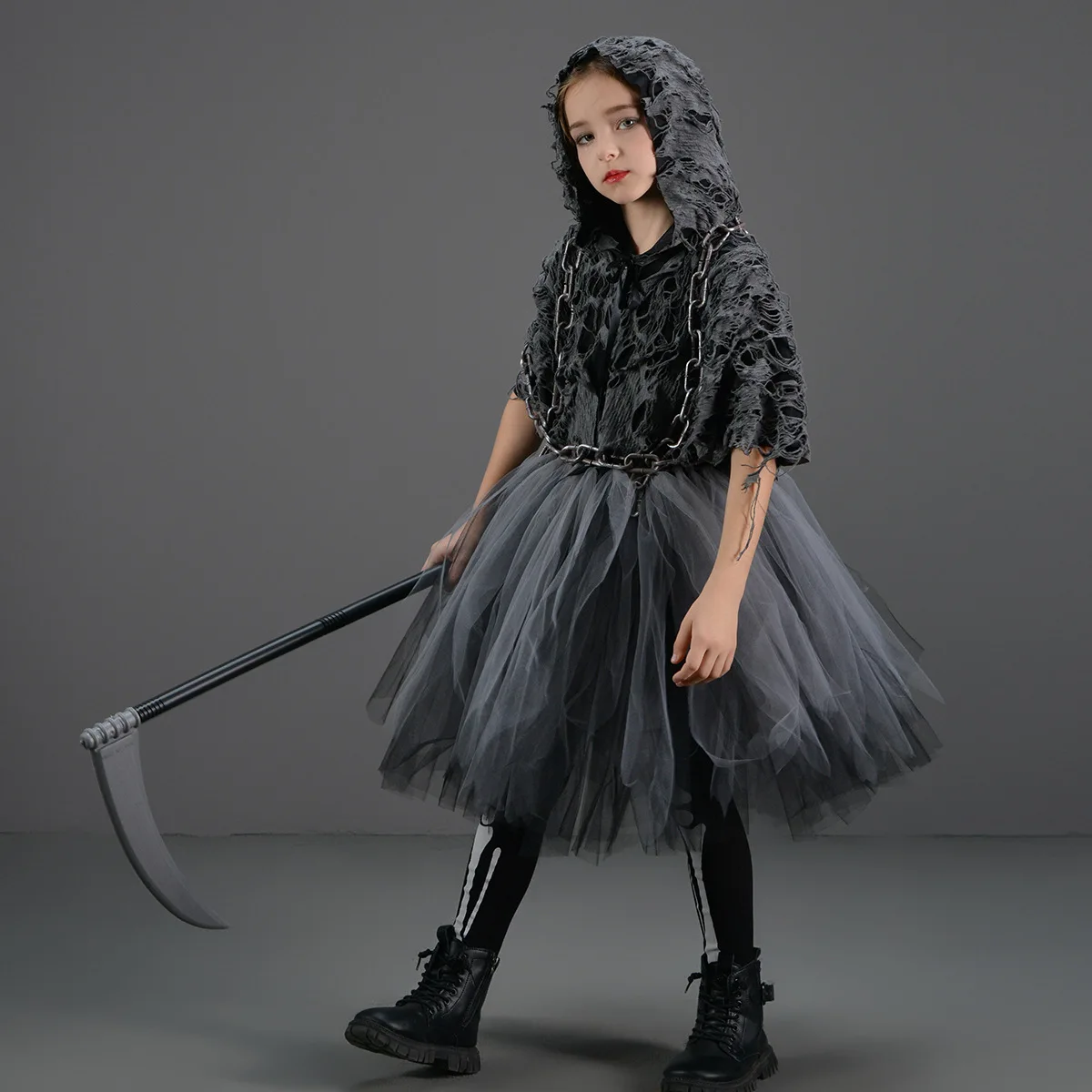 Miss Reaper Outfits for Girls Grim Tutu Dress Set With Scythe Chain Scary Kids Grim Reaper Fancy Dress Up Halloween Costumes