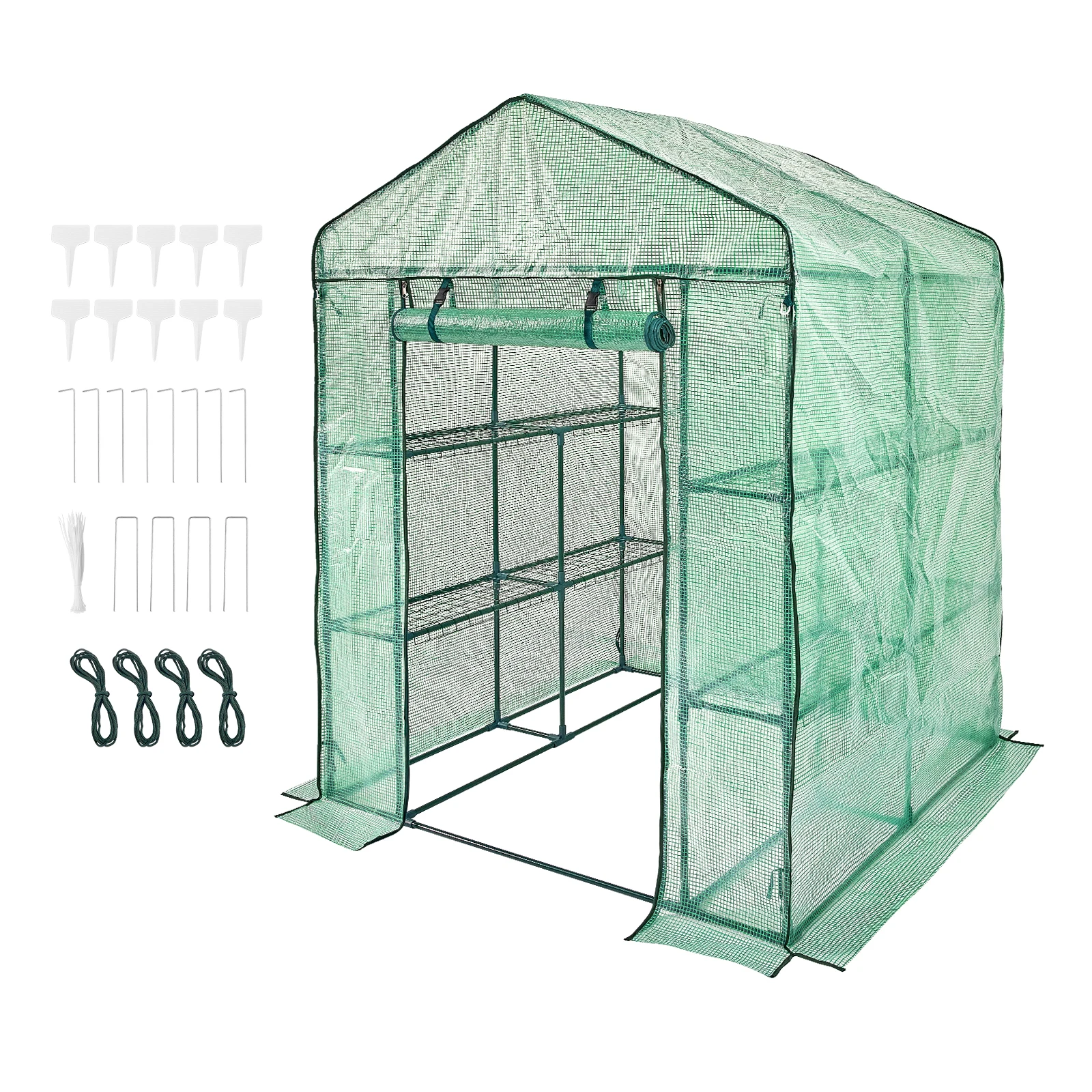 SucceBuy Walk-in Green House Greenhouse with Shelves High Strength PE Cover with Doors & Windows and Steel Frame for Planting