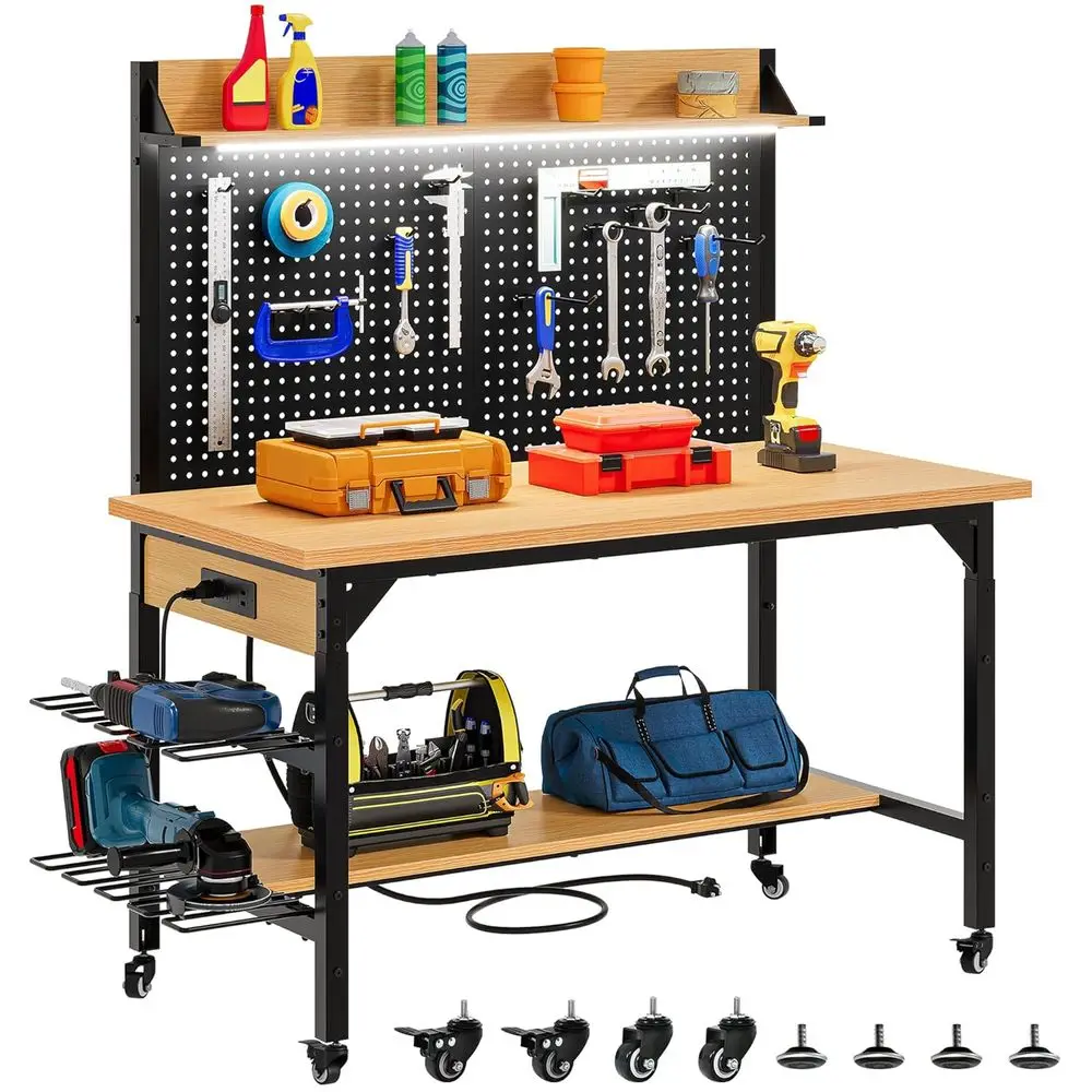 47.2" Adjustable Height Workbench with Pegboard and Storage Shel, Heavy Duty Work Bench with Wheels, Load 1100lb, Work Table wit