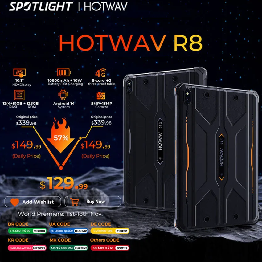 جديد HOTWAV R8 أقراص متينة أندرويد 14 10.1 بوصة HD + 1080 مللي أمبير في الساعة IPad 5MP + 13MP كاميرا 12(4 + 8)GB + 128GB شحن OTG عكس الكمبيوتر اللوحي