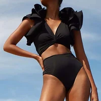 Bikini Negro con Cuello en V 2026, Traje de Baño con Volantes para Mujer, Cintura Alta, Estampado, Ropa de Baño, Traje de Natación, Ropa de Playa