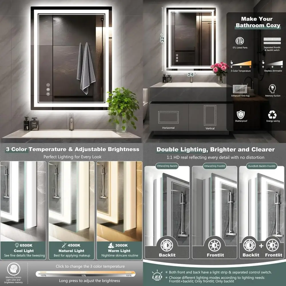 

Large Wall Mounted LED Lighted Bathroom Mirror, 24x32, Fogless, Anti-Fog, Dimmable, Memory Function, Shatterproof