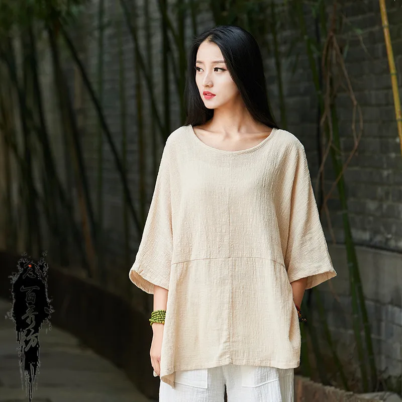 

Cotton and linen women's new clothing literary soft loose and thin half-sleeved crew neck T-shirt fashionable casual simple temp