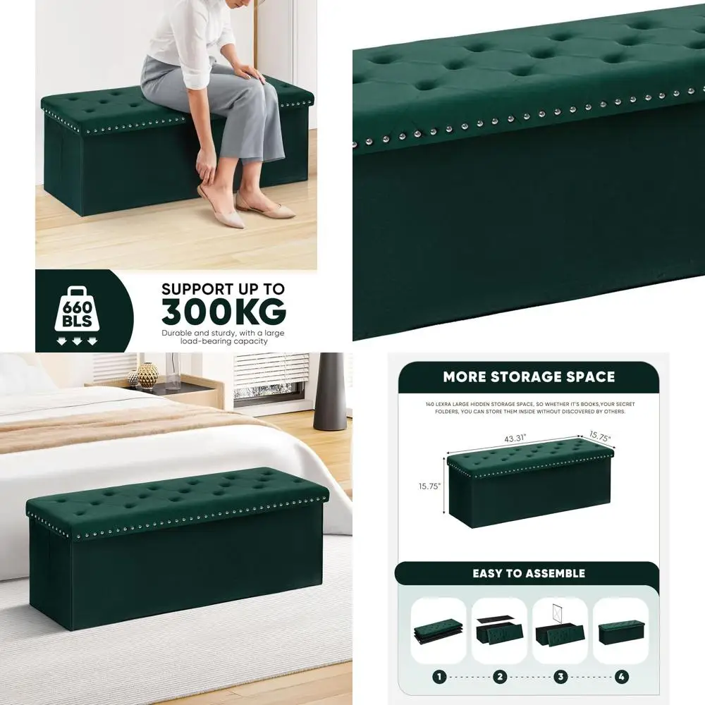 

Green Velvet Extra Large Storage Ottoman Bench with Lid, 43 for Bedroom