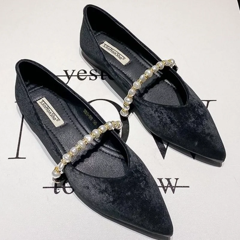 Ladies Summer Footwear Pointed Toe Flat Flats Shoes For Women 2024 Pearl Black Lastest Beau Today Social Chic Point Hot A E Shoe