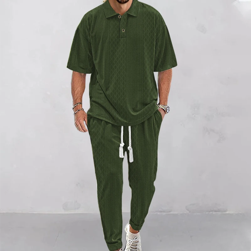 

2024 Spring/Summer New Men's Suit High Quality Heavy Jacquard Fashion Casual Suit Short Sleeve T-shirt Trousers Two-piece Set
