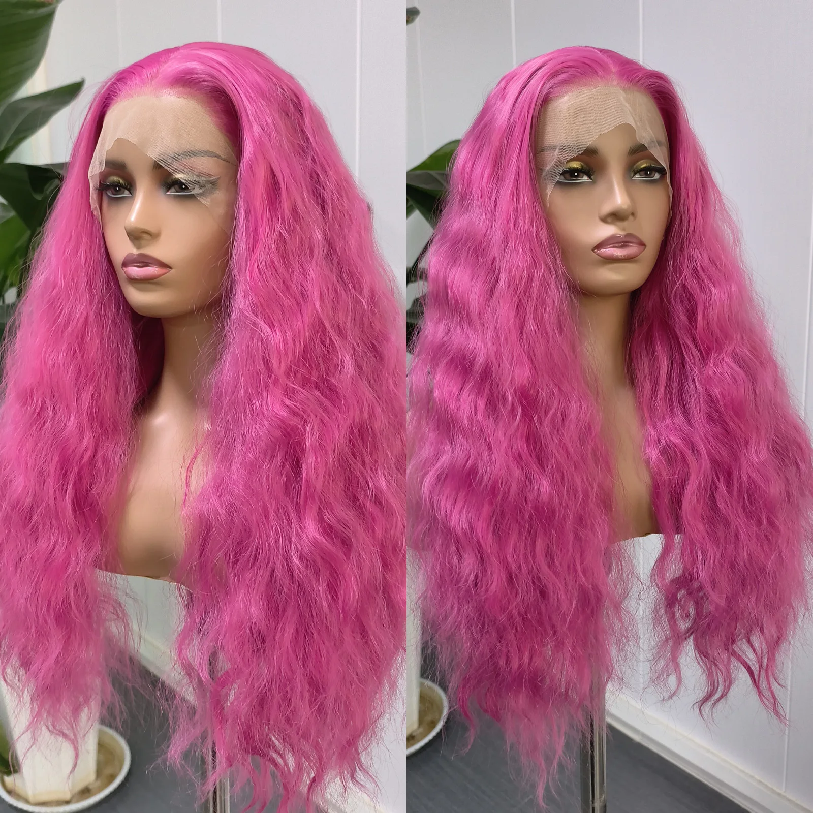 Hot Pink Loose Curly Synthetic Lace Front Wig Long Wavy Wig Bright Pink Lace Front Wig for Women