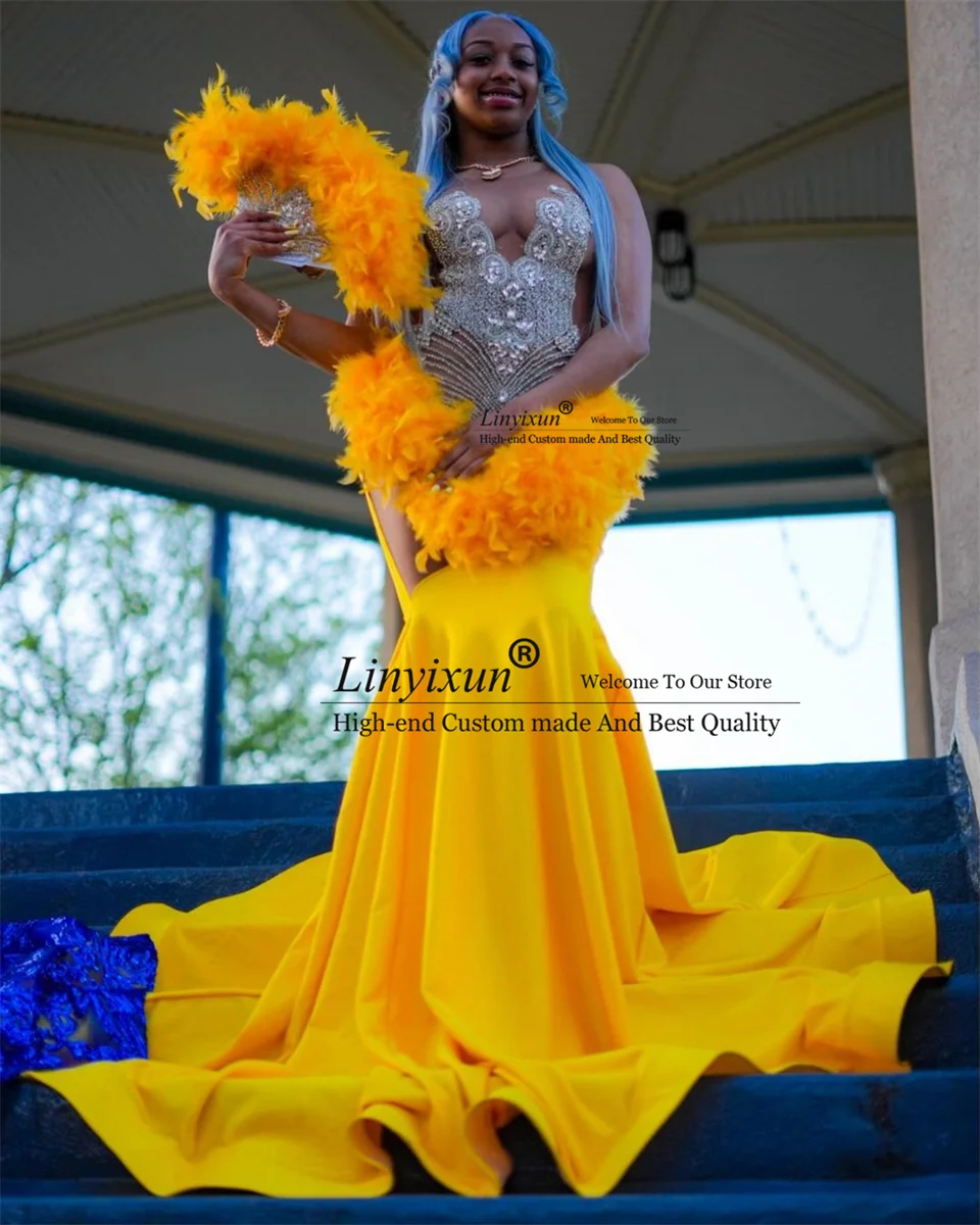 Sexy Yellow 2024 Diamonds Prom Dresses For Black Girls Feather Rhinestones Sequins Birthday Party Gowns Graduation Evening Robe