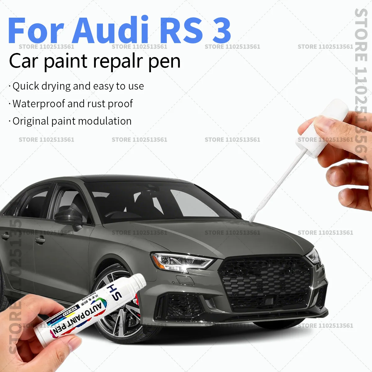 For Audi RS 3 White LS9R Black Quick Dry Car Touch Up Paint Pen Auto Scratch Repair Brush for Paint Chips Scratches and Scuffs