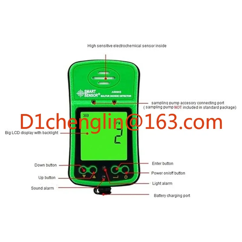 Smart Sensor AS8905 Handheld SO2 Gas Monitor Tester 20ppm LCD Rechargeable Li-Battery Powered Alarm