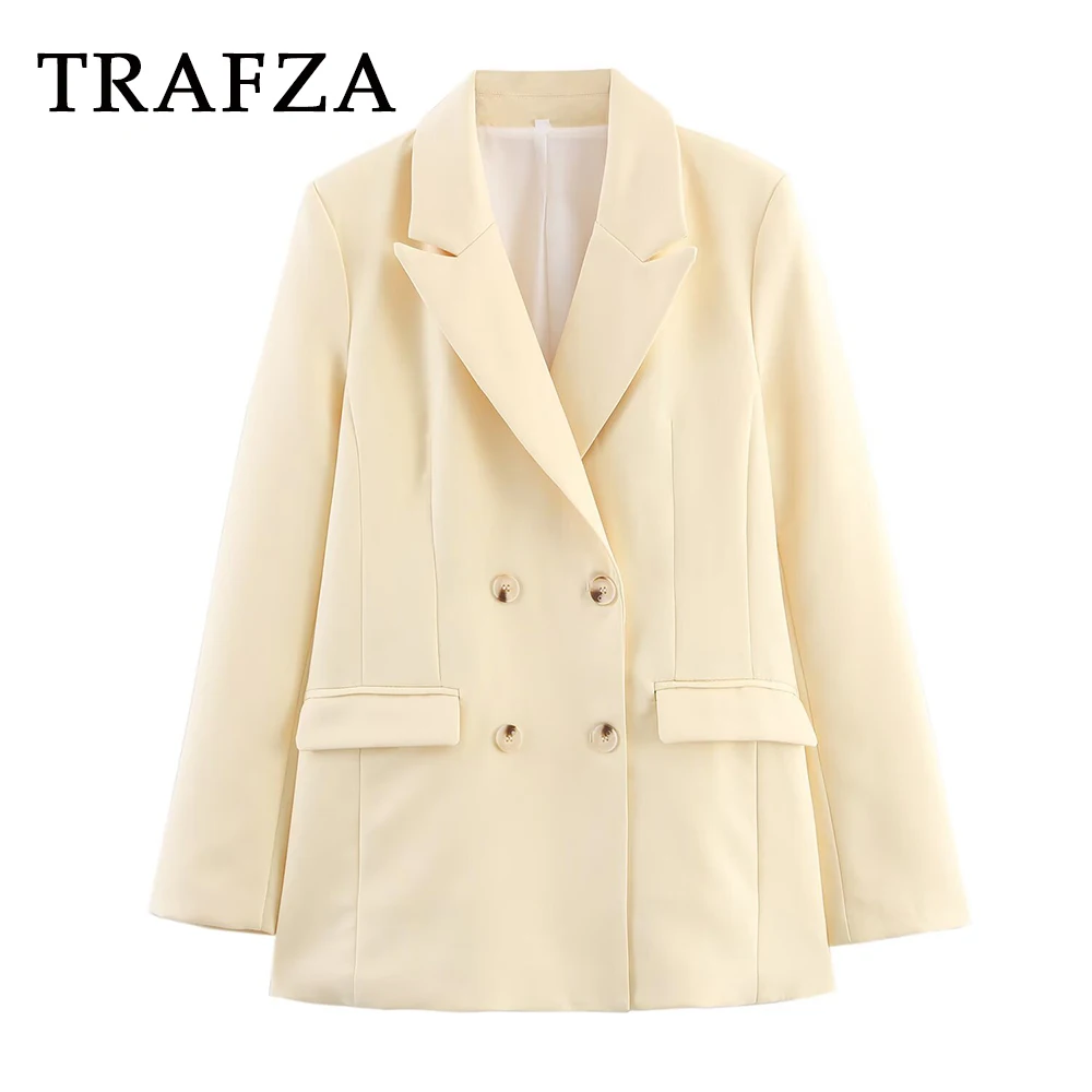 

TRAFZA Chic 2025 Woman Autumn Office Lady Vintage Blazer Double Breasted Jackets Turn-Down Collar Fashion Female Yellow Blazer