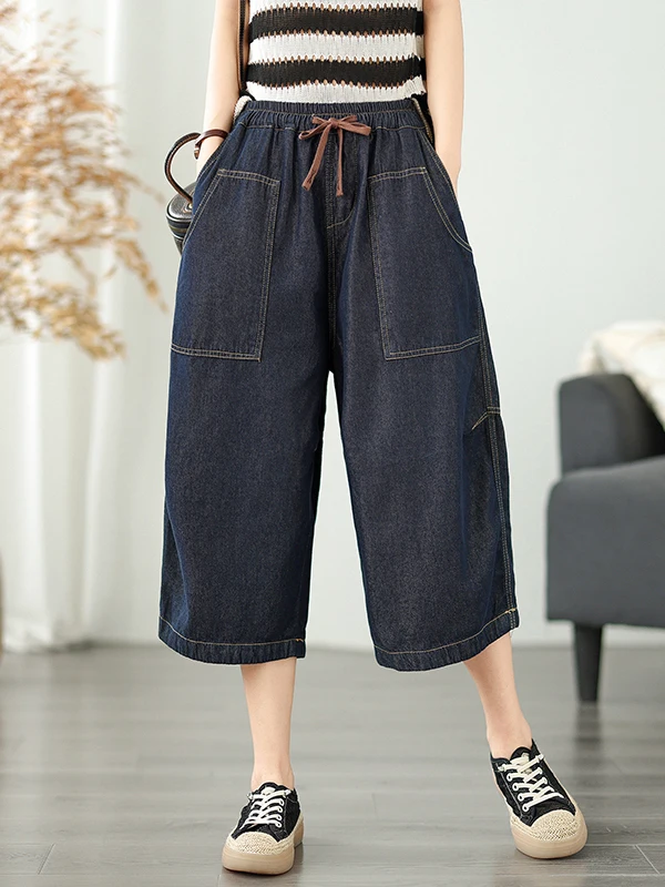 Retro High Waist Cuffed Wide Leg Jeans Women's Summer Loose Thin Slimming Elastic Waist Drawstring Pants Cotton 100%