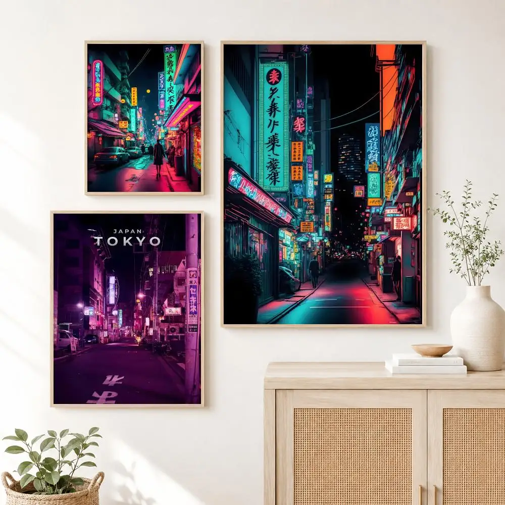 Neon Cyberpunk Tokyo Painting Calligraphy Canvas Poster Art for Bedroom Living Room Home Decor Wall Decoration Decals Gift