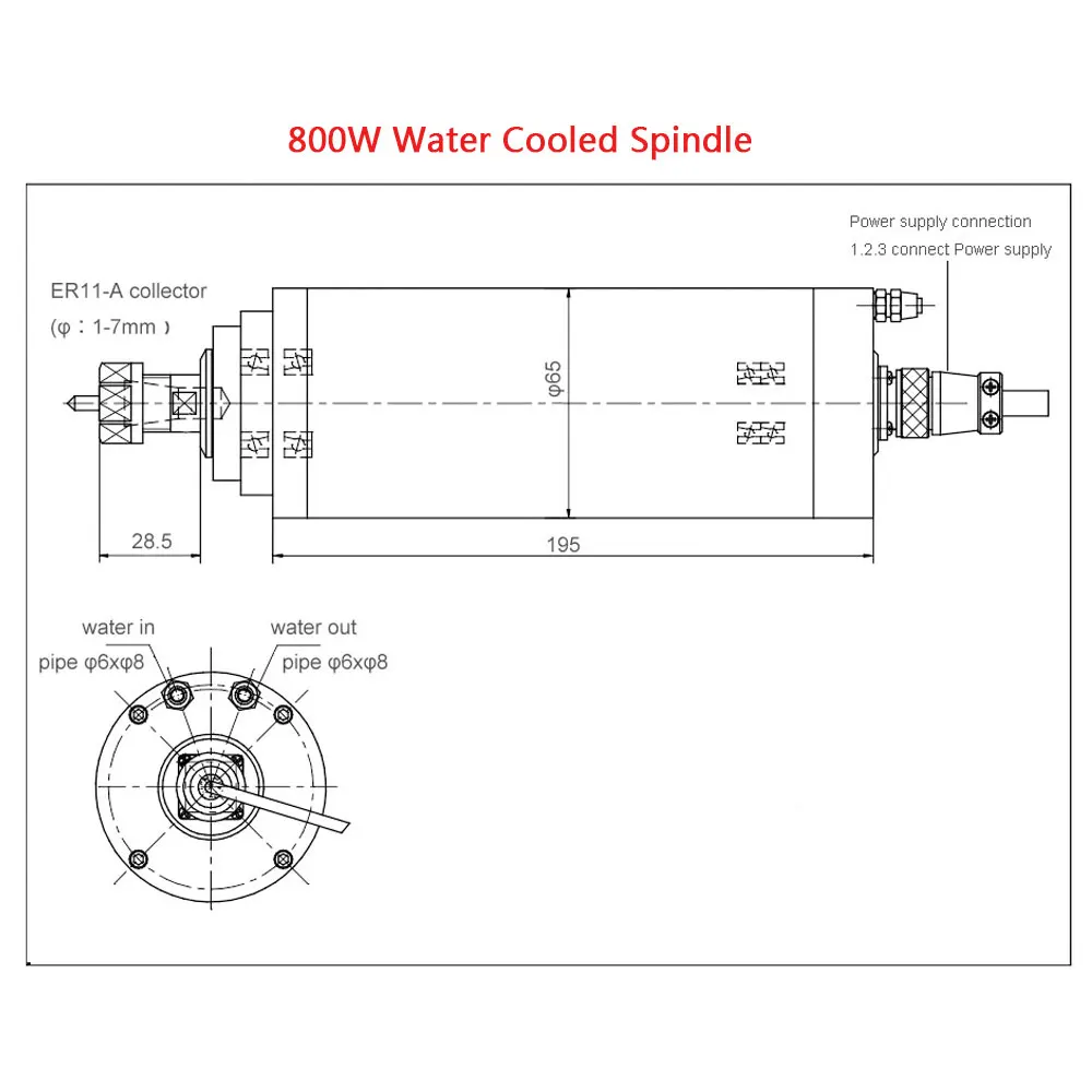 DRAGON DIAMOND 800W Water Cooled Spindle Motor ER11 Diameter 65mm 4 Bearings 220V/380V For CNC Engraving Machine