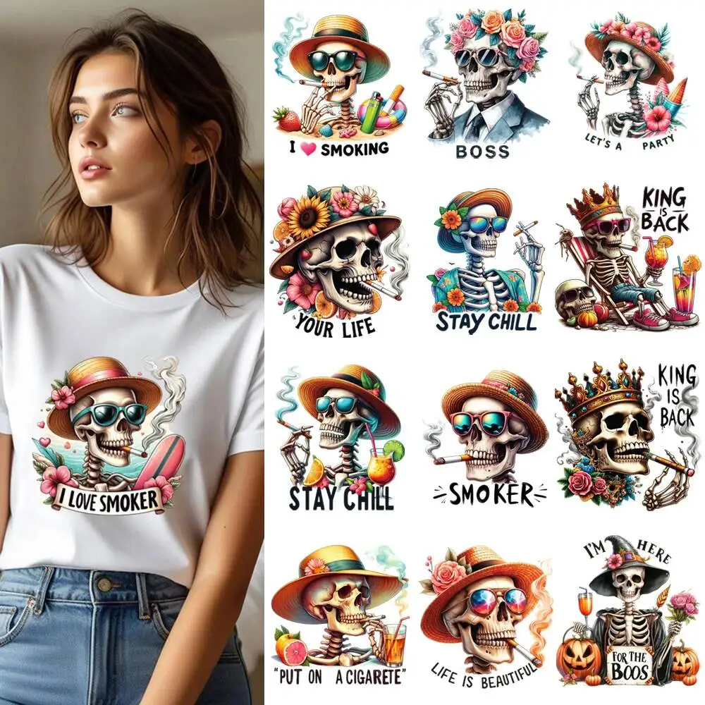 25CM Funny Skeleton Skull Smoking Queen Heat Transfer Patches For Clothes DIY A-Level Washable Shirt Iron-on Thermal Stickers