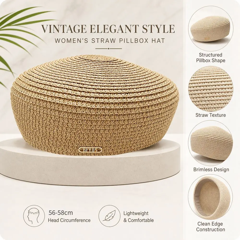 New Solid Women's Straw Pillbox Hat Structured Crown Round Shape Brimless Cap Vintage Style Painter Hat Formal Occasions