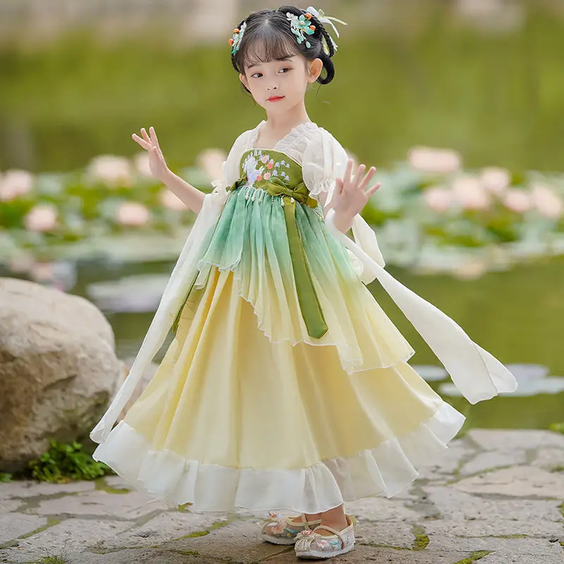 Summer Hanfu Girls' Ancient Chinese Princess Embroidered Dress Set