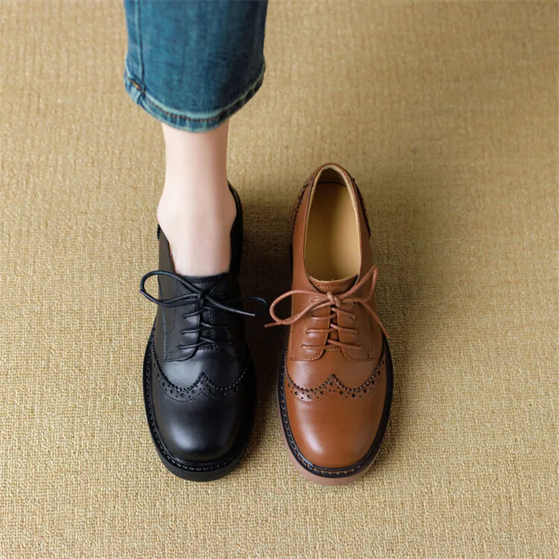 New Spring Cow Leather Women Shoes Round Toe Women Pumps Platform Shoes for Women Zapatos Mujer Lace Up Brogue Designs Loafers