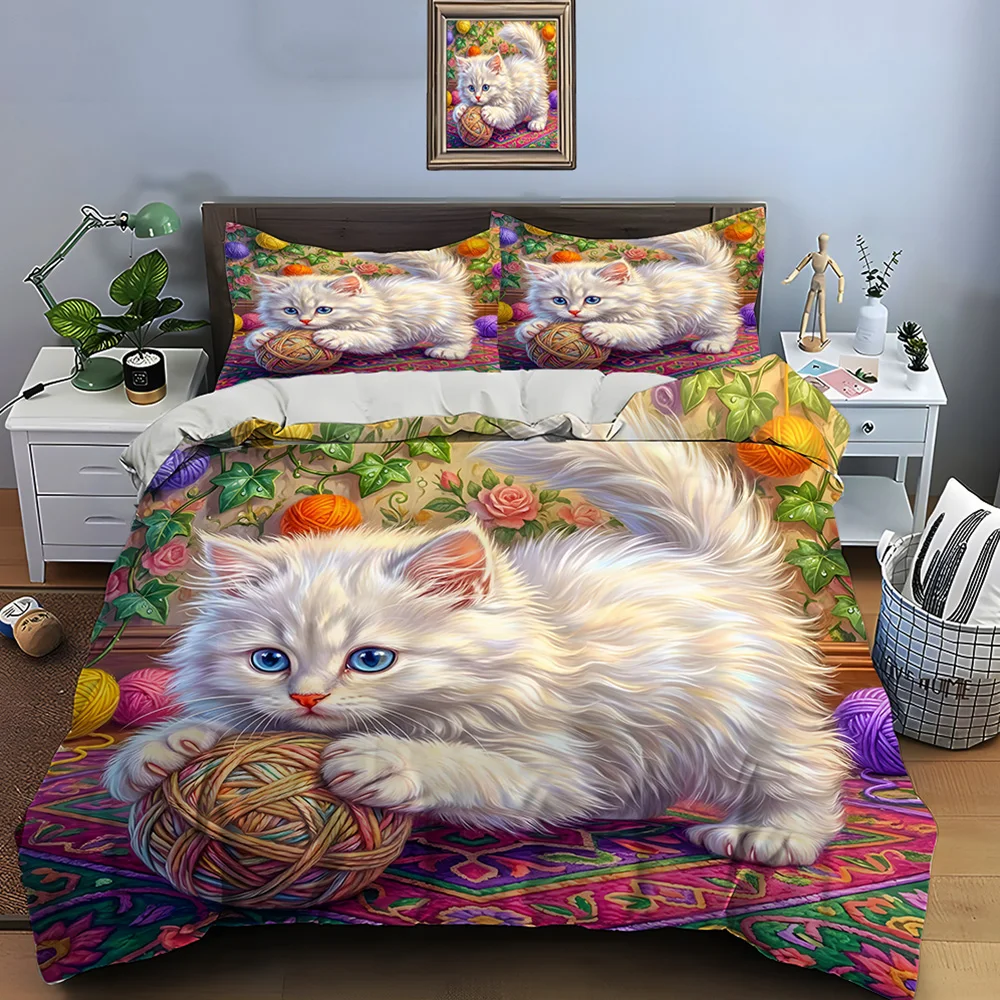 White kitten playing with yarn Print Soft Comfortable Duvet Cover Bedding Set Included 1*Duvet Cover  2*Pillowcases Luxury gifts