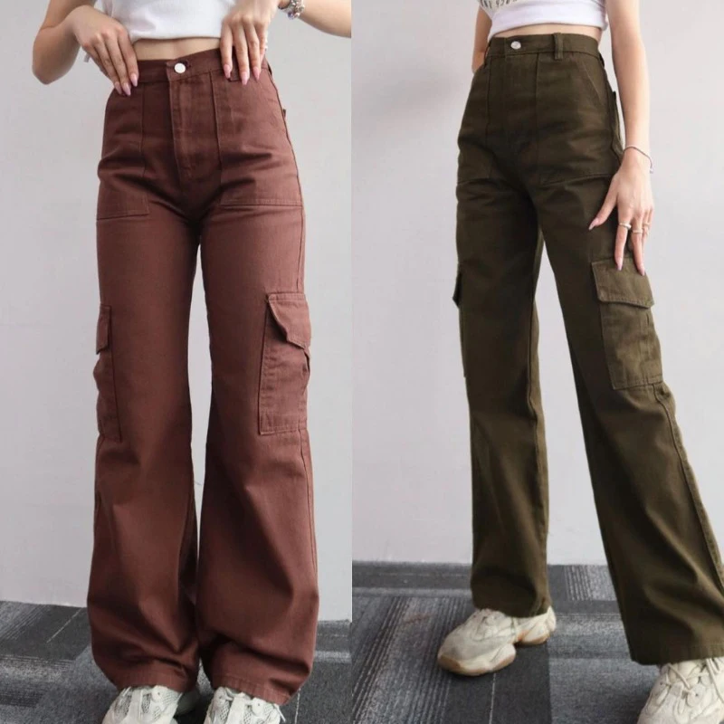 

Autumn Thin Casual Cargo Pants Women Mid Waist Solid Pockets Baggy Wide Leg Pants Workwear Fashion Sport Straight Trousers 28437