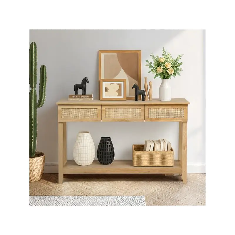 Boho Rattan Console Table with 3 Drawers and Open Shelf, Narrow Entryway Sofa Table for Hallway or Foyer, Natural Wood Finish