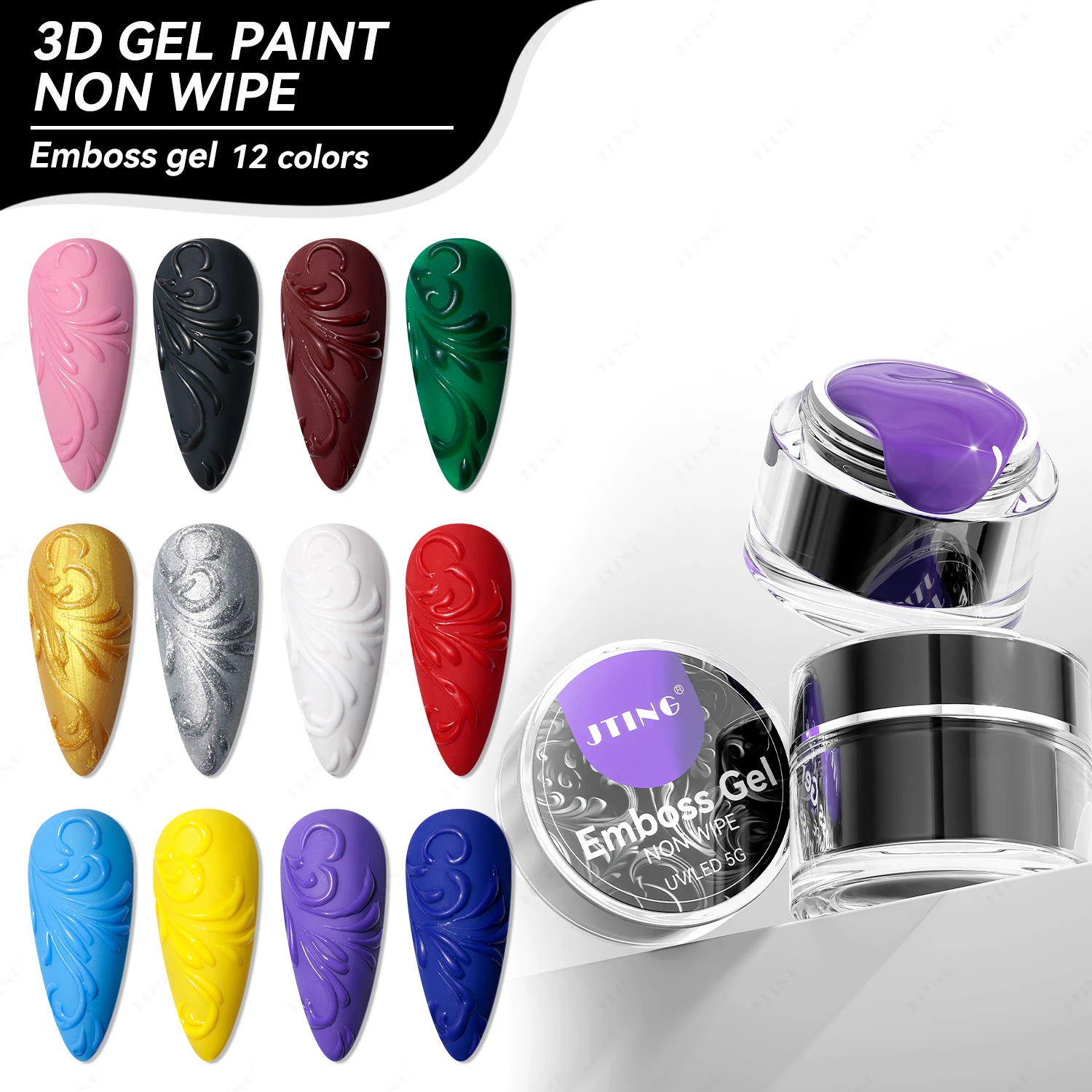 

JTING Non Wipe 12colors 3D Painting Gel Unique Nail Art Effect Emboss Nail Gel Polish