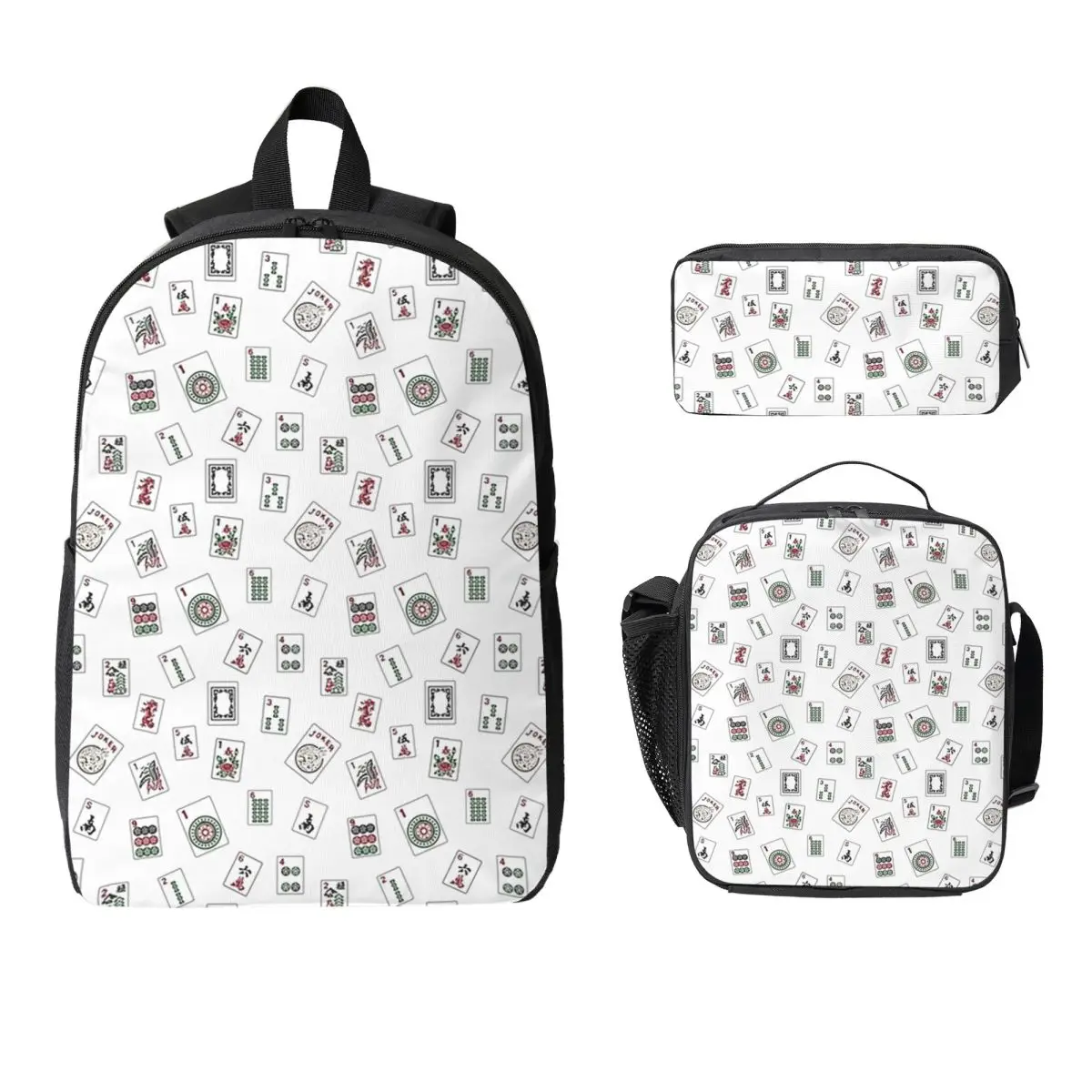 

White Mahjong Backpack Boys Girls BookBag School Bag Laptop Shoulder Bags 3ps Insulated Lunch Bag Pencil Case
