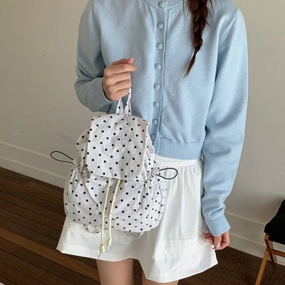 Multiple Pockets Polka Dot Backpack Drawstring Lace-up Korean Versatile Daypack Preppy Cloth Large Capacity Backpack Students