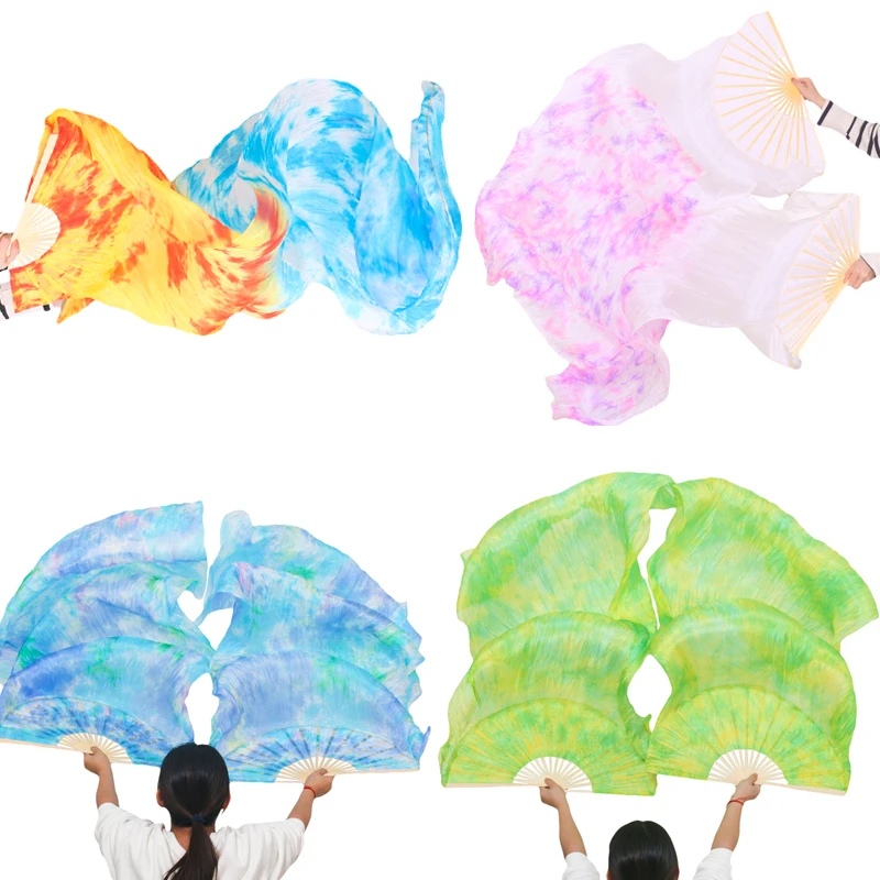 100% Silk Belly Dance Silk Fan Veil Bamboo Folding Fan Veils Stage Show Props Tie-Dyed Fan Customized Color Hand Made Dyed Fans