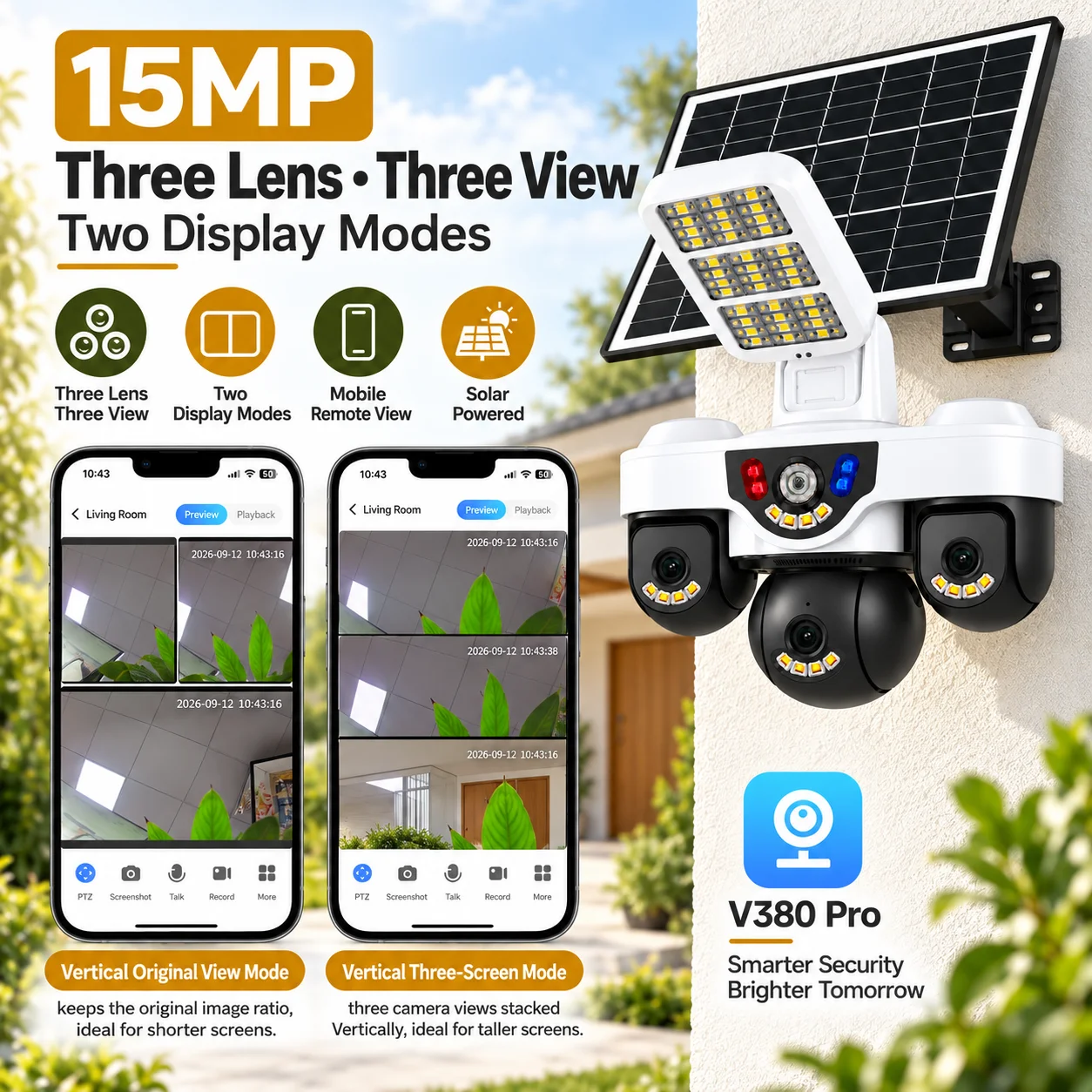 15MP AOV WIFI Solar Camera 3 Lens 3 Screen 10X Zoom Outdoor PTZ PIR Human Detection Security Cameras CCTV V380 Pro