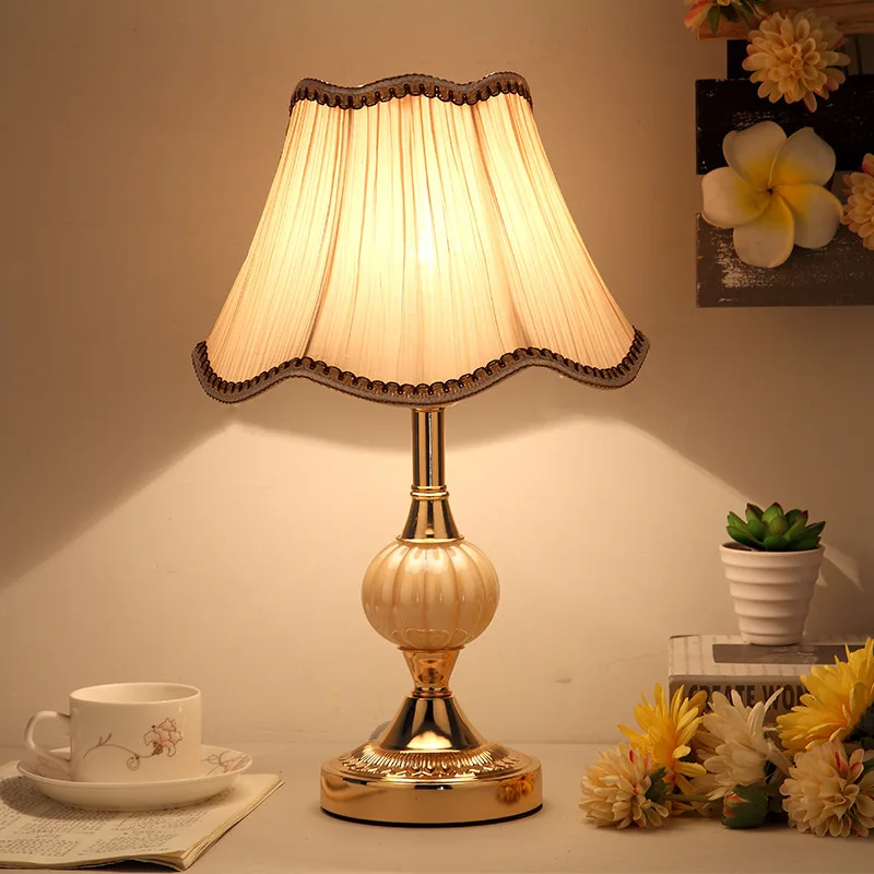 

European Style Glass Table Lamp for Bedrooms Nordic Bedside Lamp Modern Retro Wrought Iron Base with Cloth Shade