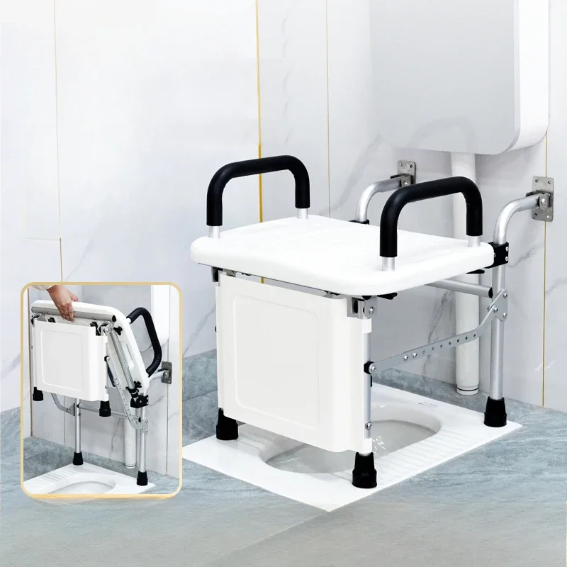 Commode Toilet Squat Toilet Converted To Toilet Seat, No Punching Foldable Elderly Bathroom Commode Chair for Disabled Armrest