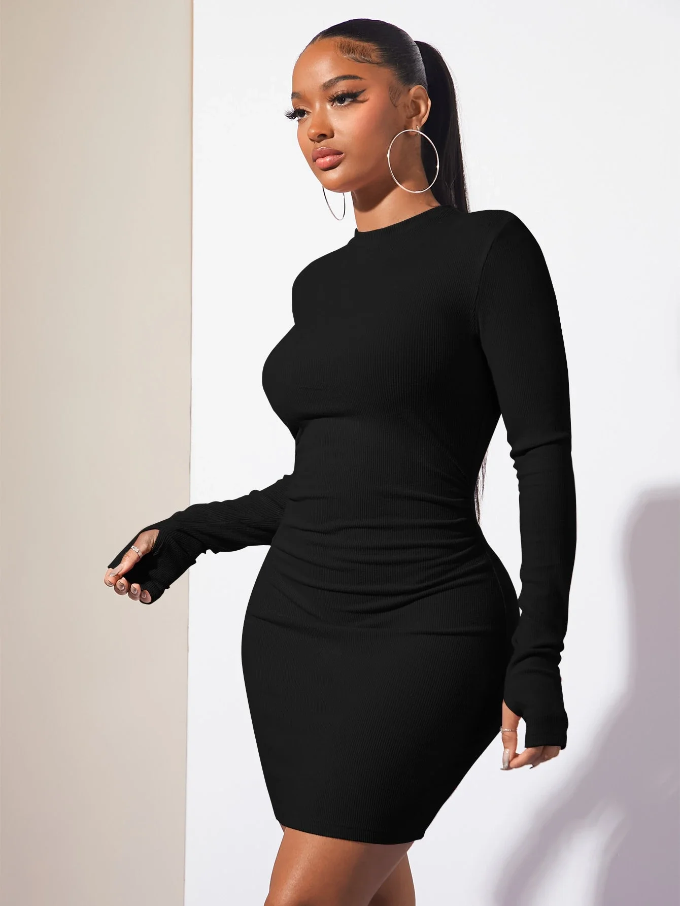 

Mock Neck Ruched Bodycon Black Mini Dress With Long Sleeves
