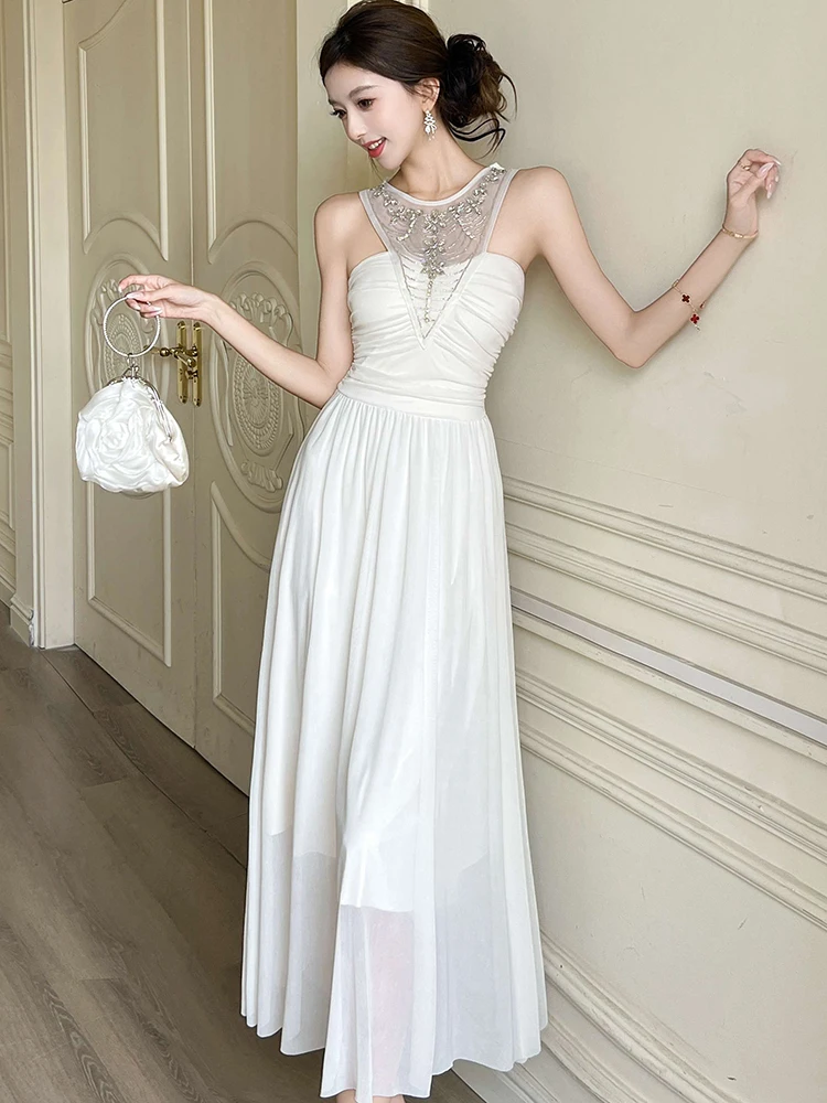 Summer White Patchwork Mesh Diamonds Neck-mounted Sexy Dress Women Elegant Luxury Long Dress 2025 Korean Bodycon Party Vestidos