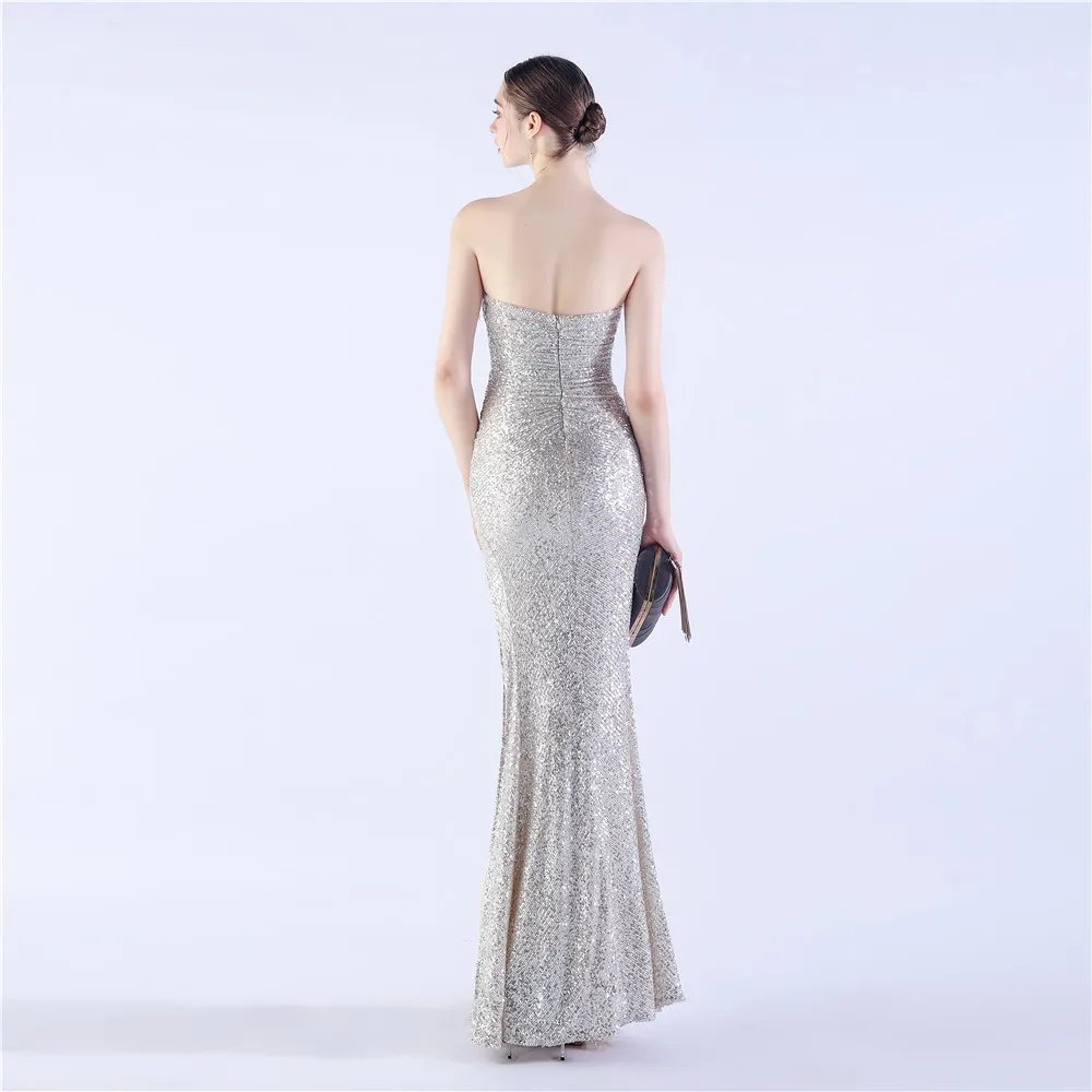 DEERVEADO 6 Colors Mermaid Slit Sequined Evening Dresses Woman Elegant Formal Occasion Dress Wedding Party Dresses with Feathers