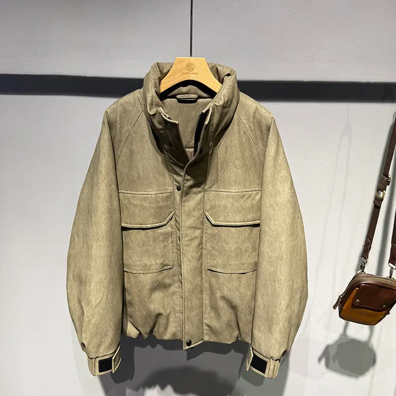 

Trendy Winter Retro PU Leather Jaet Stand Collar Loose Versatile White Du down Warmth Durable Men's Outerwear Top