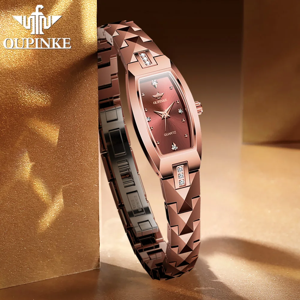 OUPINKE Luxury Tonneau Watch For Women Tungsten Steel Swiss Movement Quartz Wristwatch 50M Waterproof Original Clock Reloj 3242
