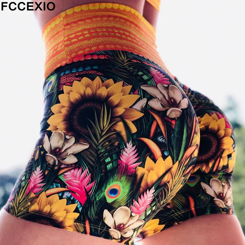 

FCCEXIO Sunflower 3D Print Shorts Leggings Sport Women Fitness Sexy High Waist Pants Tights Running Slim Workout Leggin S-3XL