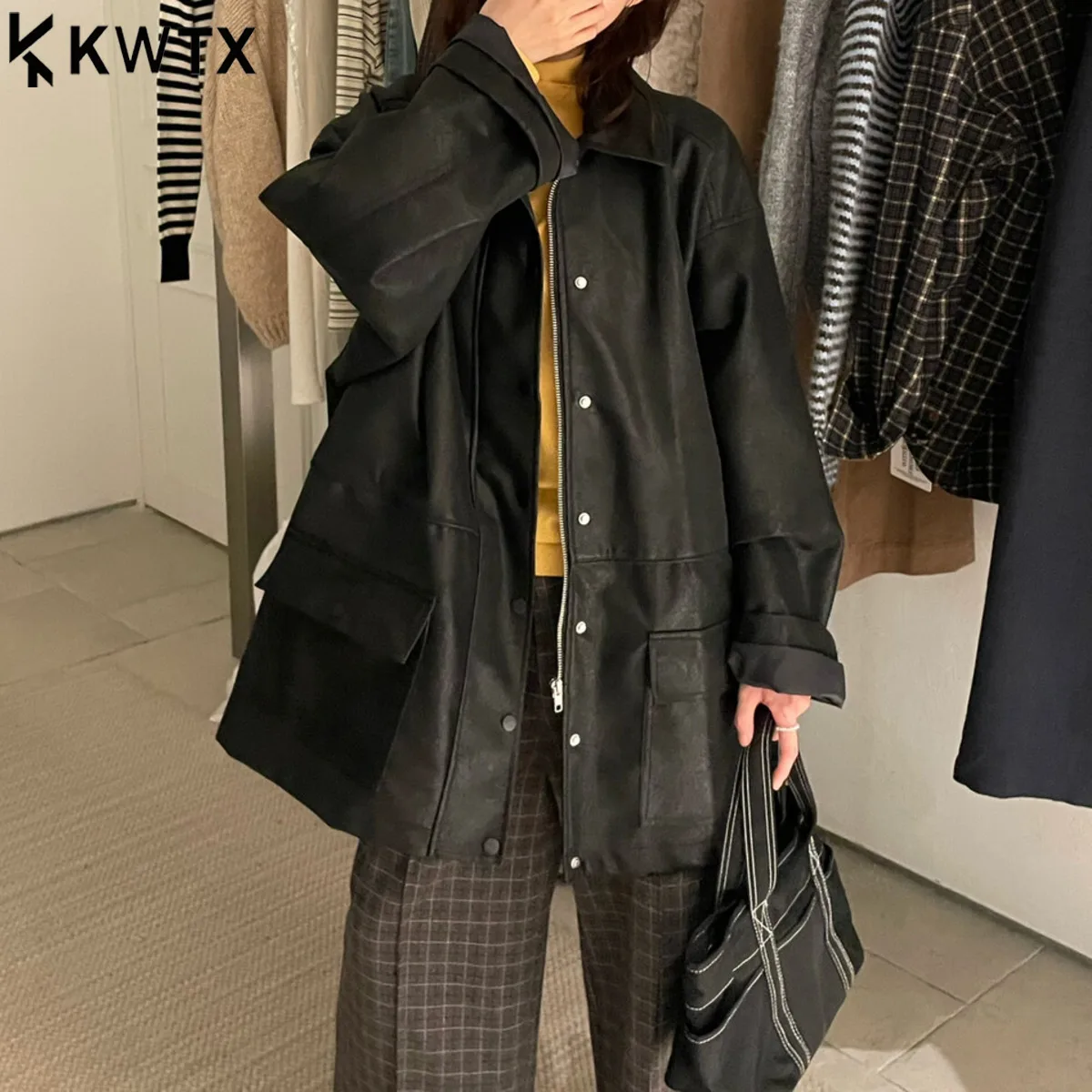 

KWTX 2025: женская кожаная куртка средней длины с лацканами и карманами, винтажная, минималистичная, удобная, однотонная, повседневная, осенне-зимняя, новинка премиум-класса