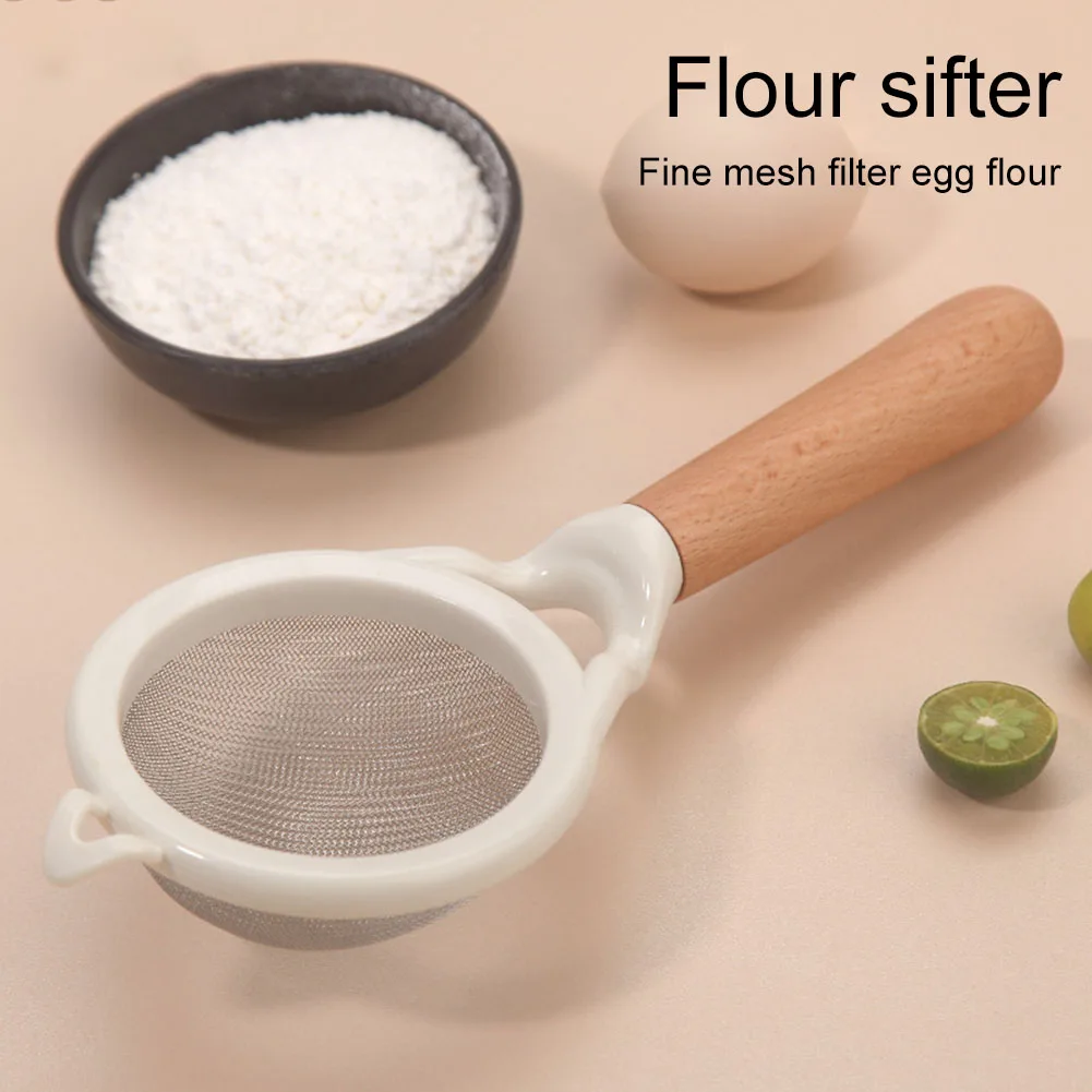 

Stainless Steel Flour Sieve Sugar Powder Juice Soybean Milk Foam Filter Fine Screen Wooden Handle Household Kitchen Baking Tools