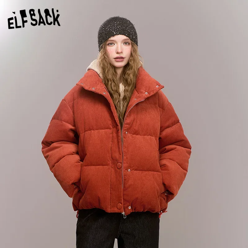 ELFSACK 2024 Winter New Arrivals Retro casual short down jacket, stand-up collar, dropped shoulders, corduroy, thick and warm