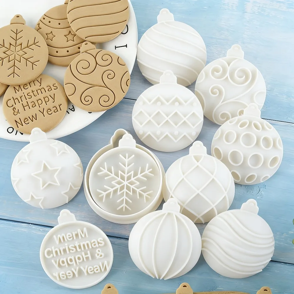 11Pcs Christmas Ornament Cookie Cutter Set  3D Embossed Ball Molds with 10 Patterns, Plastic Baking Tools for Holiday Treats view 4