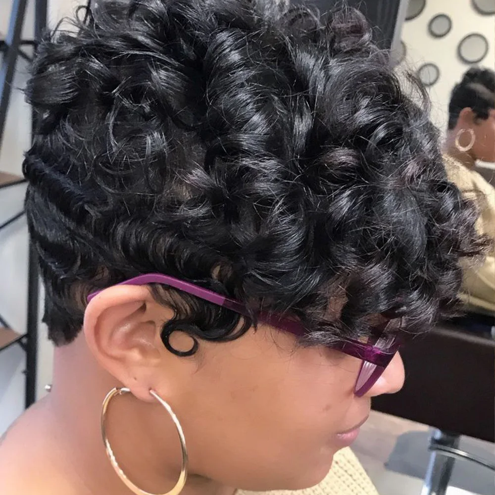 Peruka Pixie Cut z Włosów Naturalnych, Cała Wykonana Maszynowo, Kręcone Włosy typu Egg Curl, Peruka Pixie Cut z Włosów Naturalnych z Grzywką, Kręcone Peruki z Włosów Naturalnych dla Czarnoskórych Kobiet