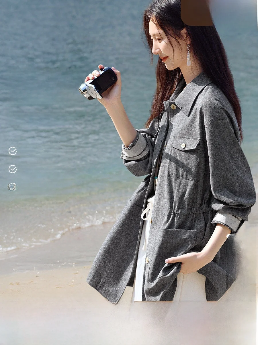 

XWI Linen Texture irt Jaet Women's Spring 2026 Slimming Top Waist-Cinching Travel Inspiration Cotton Polyester Blend