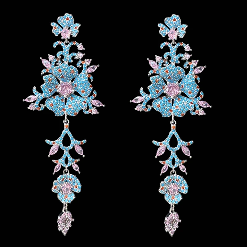 luxury flower earrings zirconia blue pink multi color floral plant long pendant earrings bride wedding dinner party jewelry