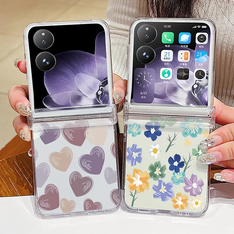 Love Heart Pattern Clear Phone Case For Xiaomi Mix Flip Flip2 Transparent Flower Shockproof Folding Hard Cover For Mi Mix Flip2