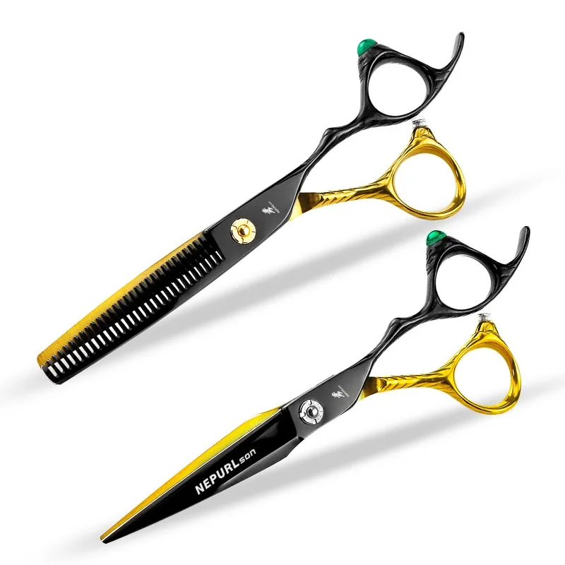 NEPURLson 6.0-inch black gold gemstone handle hair scissors- straight cut, tooth cut, sharp beauty comfortable