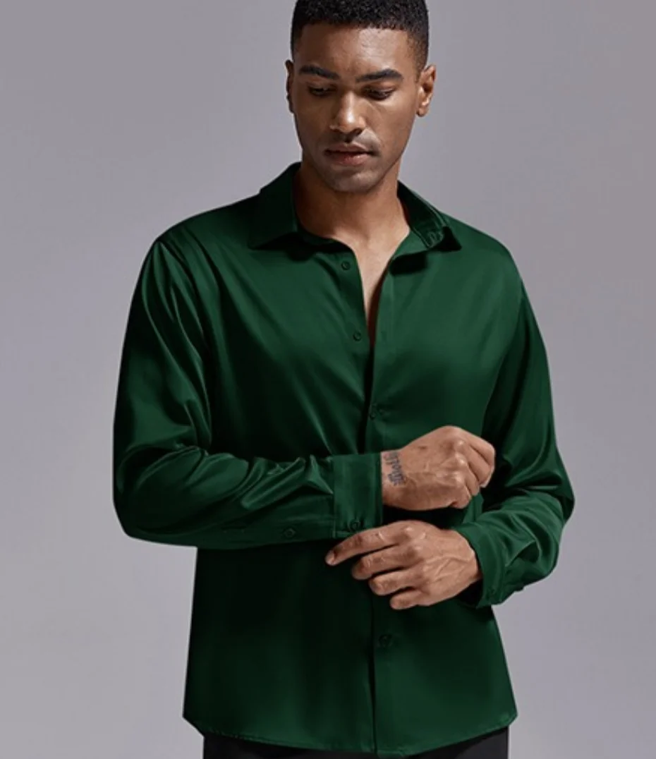 2026 Spring Autumn Royal Blue Silk Satin Long-sleeved Dress Shirts for Men, Navy Blue Business Casual Non-iron Wrinkle Camisas