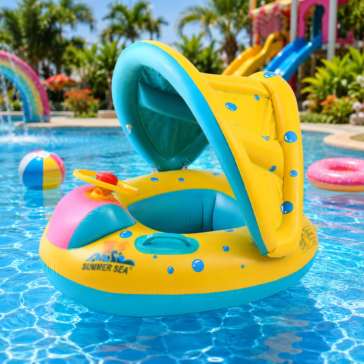 1pc Inflatable Pool Float Airplane Seat Ring with Canopy Sun Shade Water Hammock Lounge Chair Float with Steering Wheel Handles