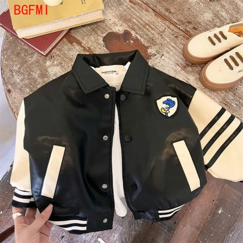 Boys Handsome Jacket Outerwear Spring Autumn New Korean Children's Vintage Zipper Pu Leather Clothes Fashion Baby Jackets Top